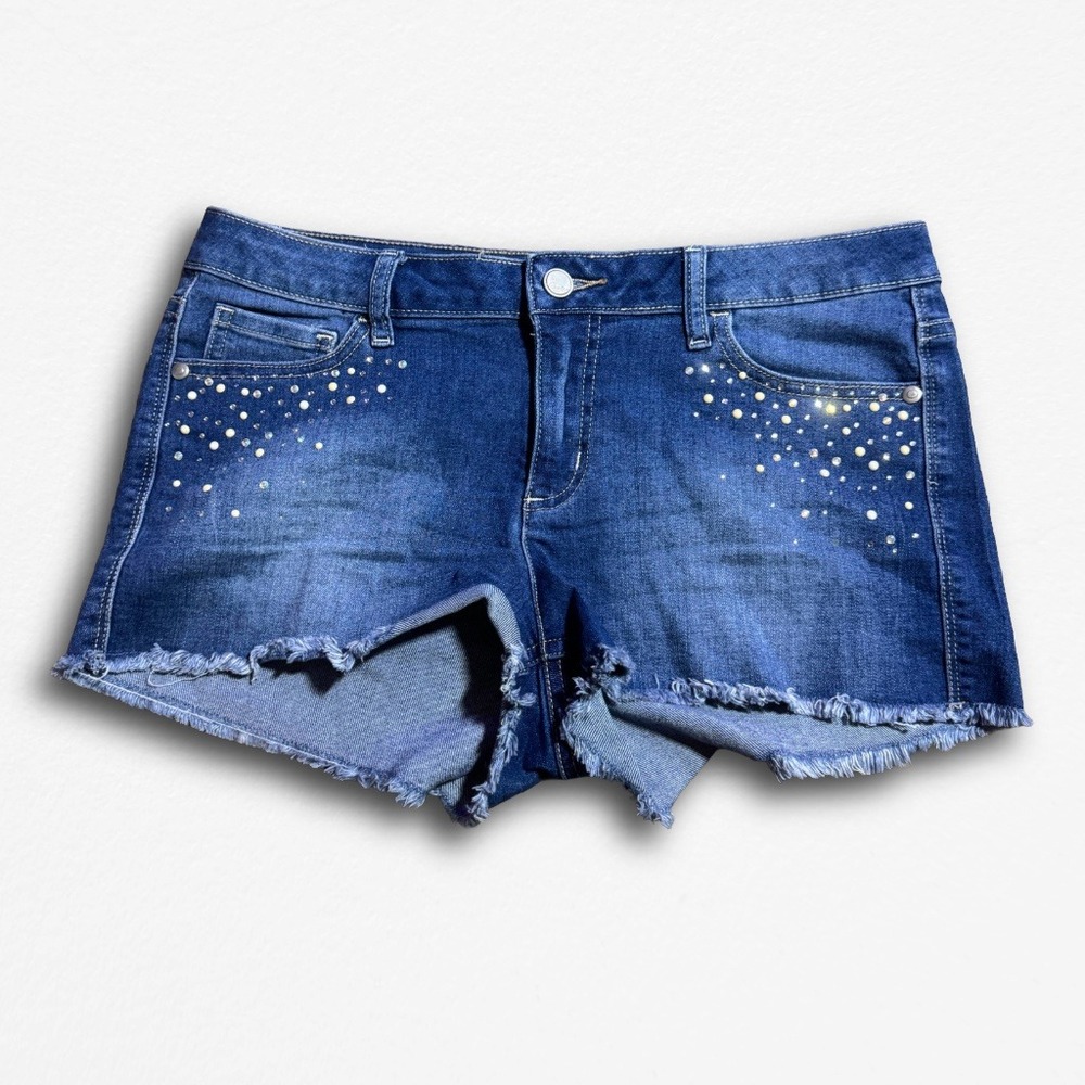 Candie's Womens Y2K Denim Shorts Dark Wash Rhinestone Studded Cut Off Size 7